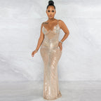 Robe longue col V fine bretelles en maille transparente de soirée nuptiale pailletées - Chic&Shines