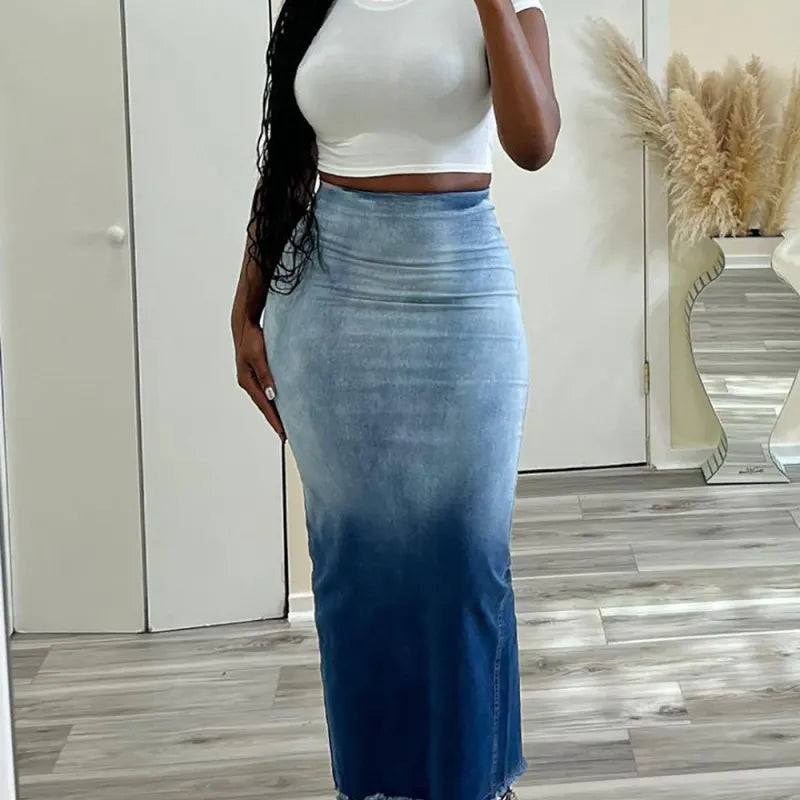 Jupe Jeans  Longue Fendue Dégradée Taille Haute