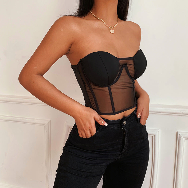 Haut corset maille transparent dos lacet sexy