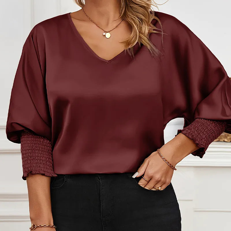 Chemise à manches longues en satin à col en V - Chic&Shines