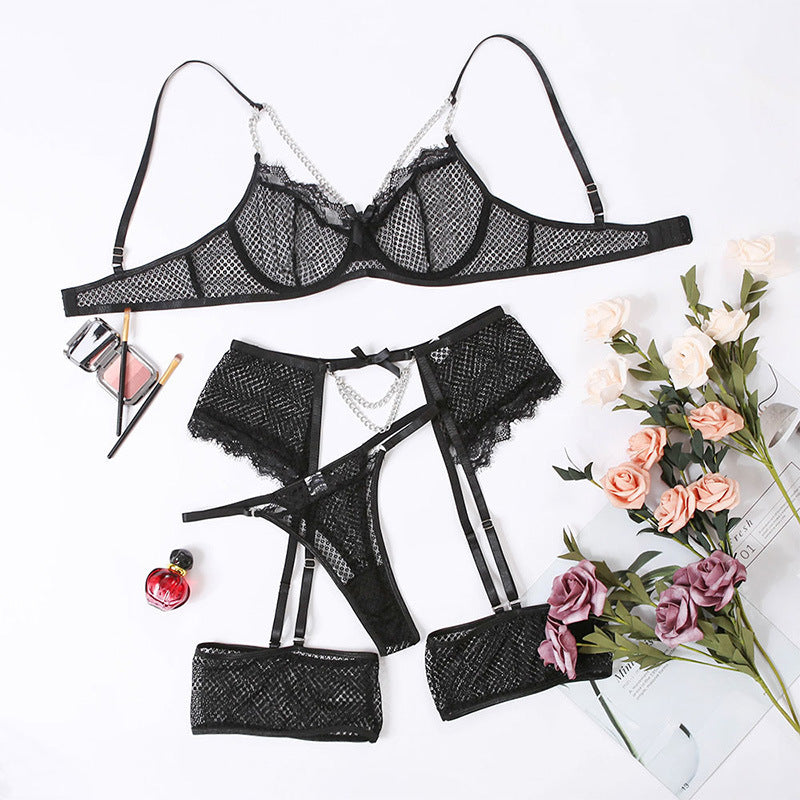 Lingerie Quatre Pièces A Chaîne en maile Transparent Sexy