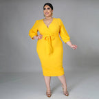 Robe longue col V manches mi-longues avec ceinture - Chic&Shines