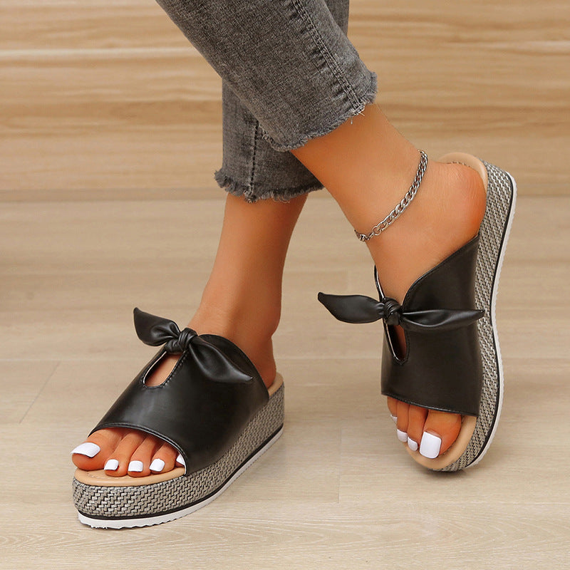 Sandale compensée simili cuir nœud papillon - Chic&Shines