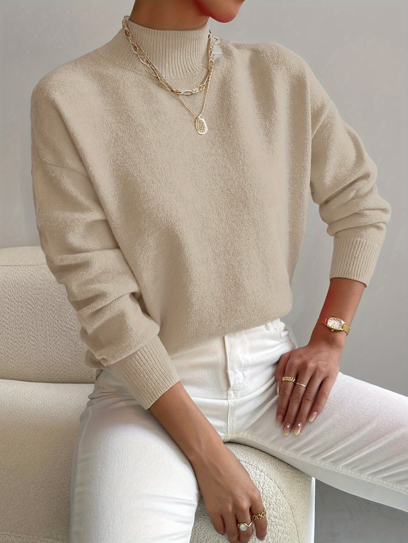 Pull à col montant confortable pour femme, idéal pour le printemps