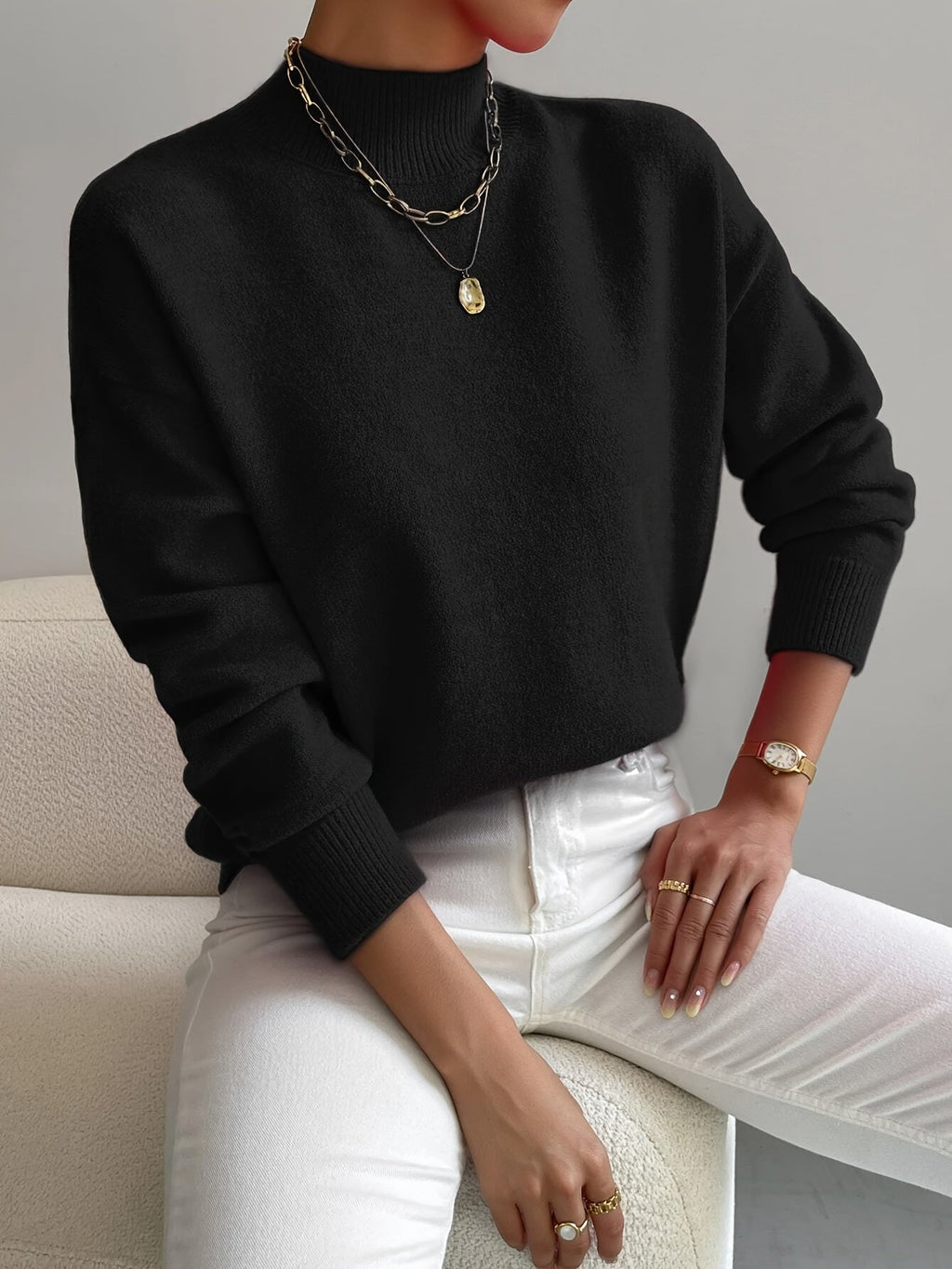 Pull à col montant confortable pour femme, idéal pour le printemps