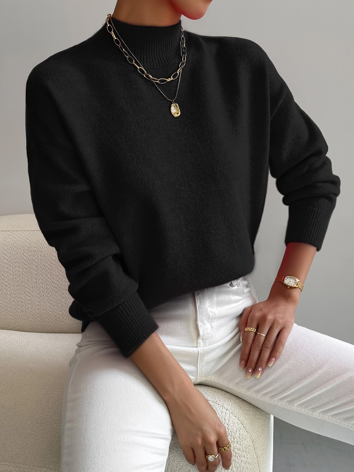 Pull à col montant confortable pour femme, idéal pour le printemps