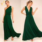 Robe longue verte élégante, convertible avec col asymétrique et décolleté en V, idéale pour soirées et événements formels. Mode féminine chic.