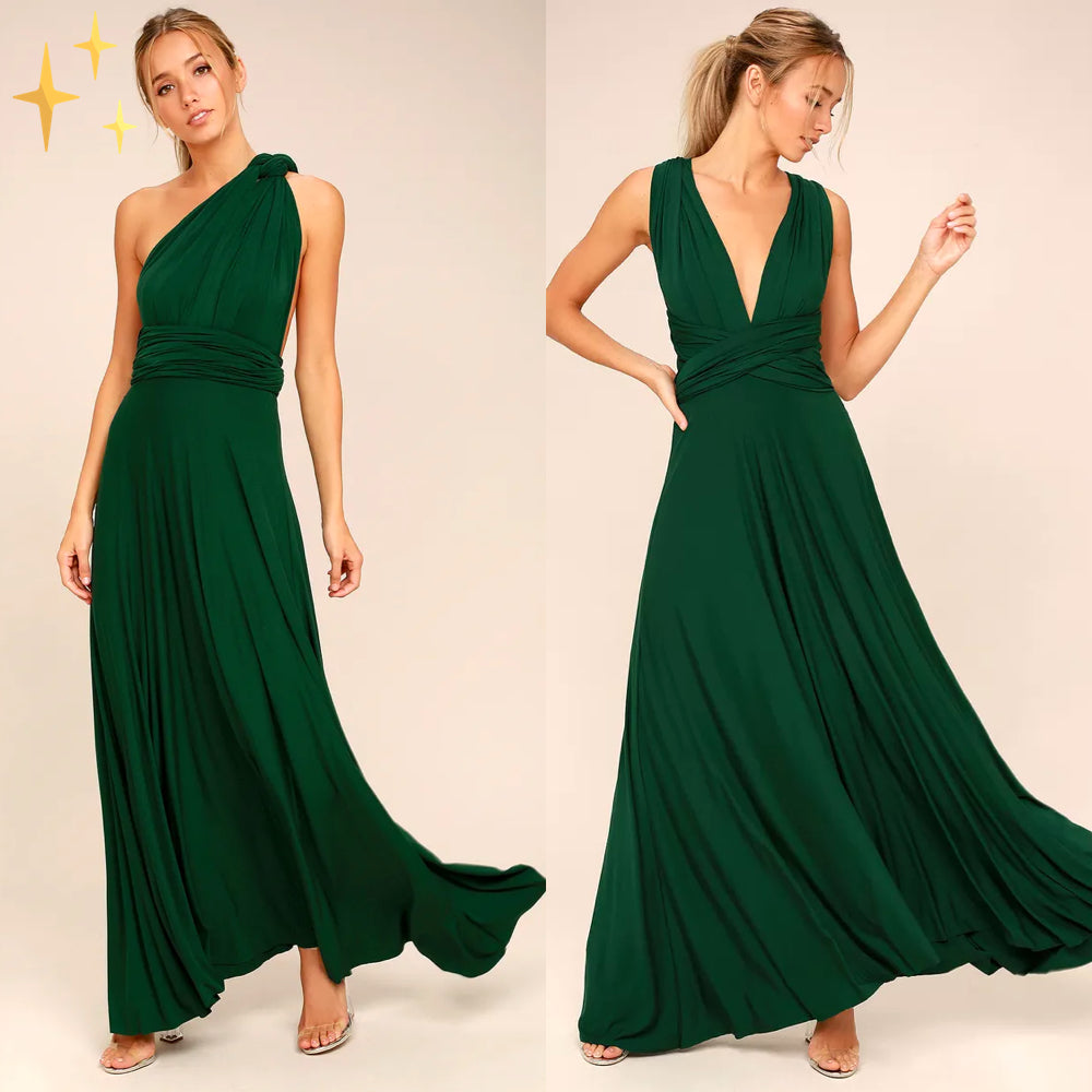 Robe longue verte élégante, convertible avec col asymétrique et décolleté en V, idéale pour soirées et événements formels. Mode féminine chic.