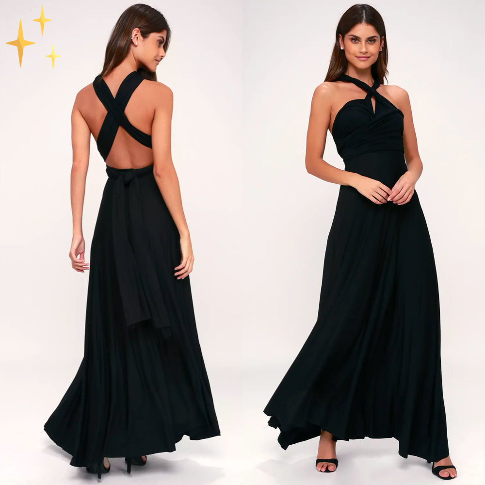 Robe longue noire élégante avec dos croisé, sans manches, portée par une femme. Mode soirée chic, tenue de gala, style glamour.