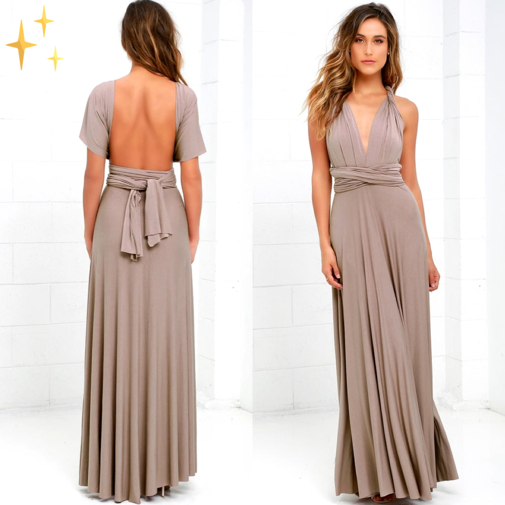 Robe longue taupe élégante avec dos nu et décolleté plongeant, ceinture nouée à la taille, style chic et moderne, idéale pour soirées et événements.