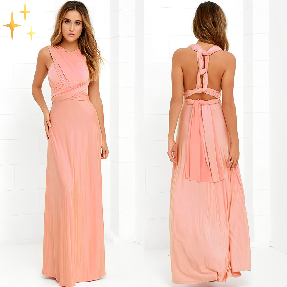 Robe longue rose pêche élégante, dos croisé, sans manches, style soirée, femme, mode chic, tendance, tissu fluide, design moderne.