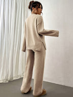 Women's Knitted Loungewear Set – Soft Beige Two-Piece Sweater and Pants for Cozy Comfort