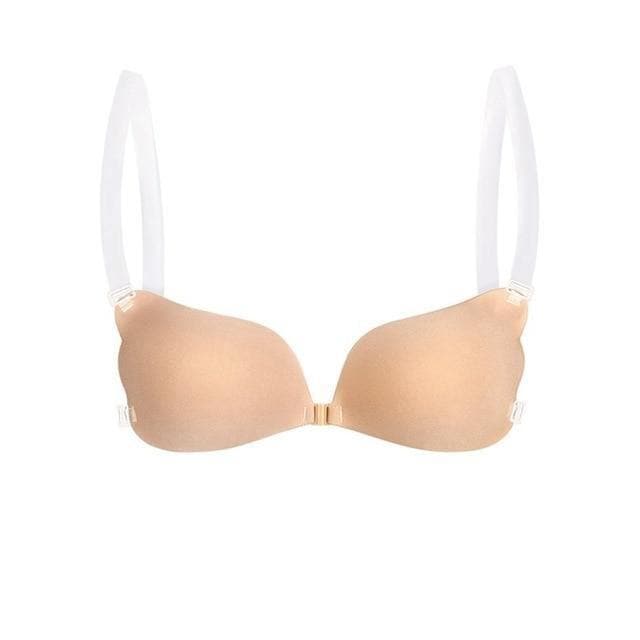 Soutien-gorge beige sans bretelles, dos transparent, design minimaliste, lingerie féminine, confort et style, idéal sous vêtements légers.