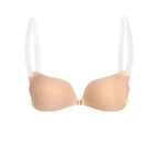 Soutien-gorge beige sans bretelles, dos transparent, design minimaliste, lingerie féminine, confort et style, idéal sous vêtements légers.