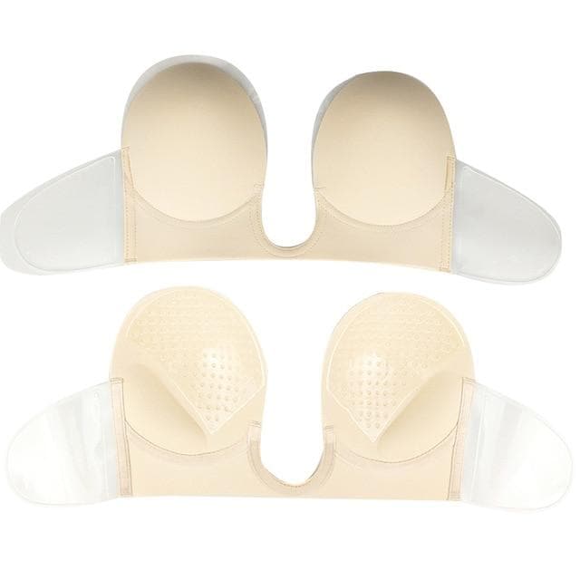 Soutien-gorge adhésif sans bretelles, couleur chair, avec coques en silicone et ailettes latérales transparentes. Lingerie invisible pour robes dos nu.