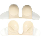 Soutien-gorge adhésif sans bretelles, couleur chair, avec coques en silicone et ailettes latérales transparentes. Lingerie invisible pour robes dos nu.