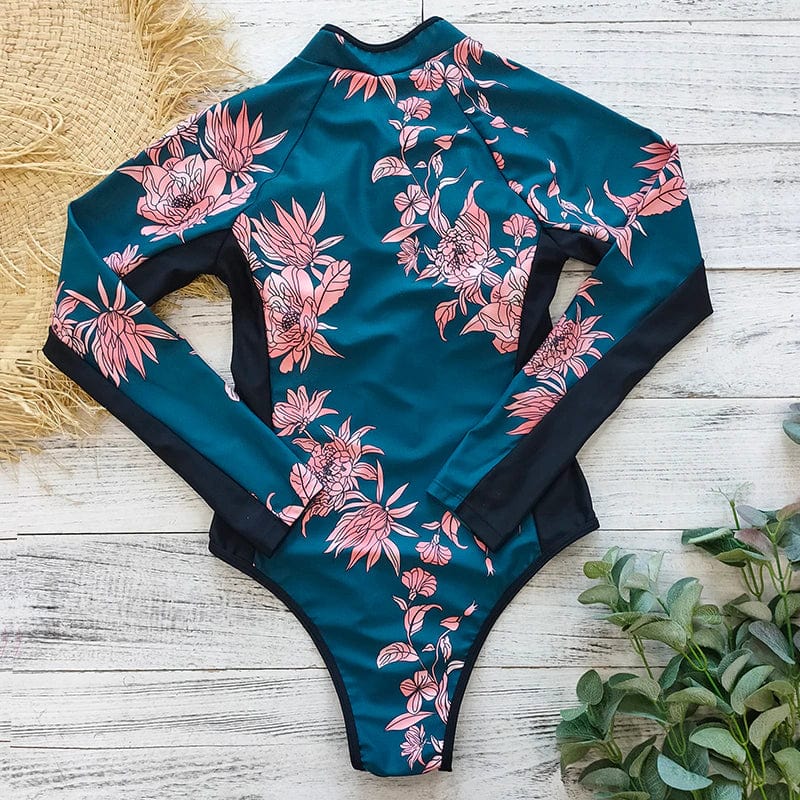 Patterned one-piece swimsuit with long sleeves