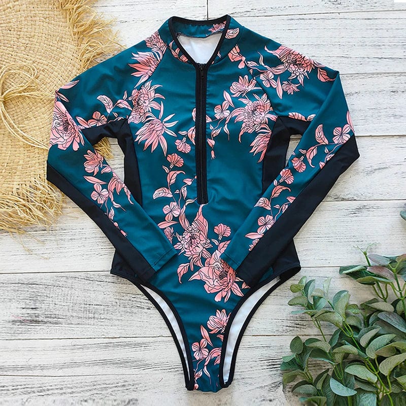 Patterned one-piece swimsuit with long sleeves