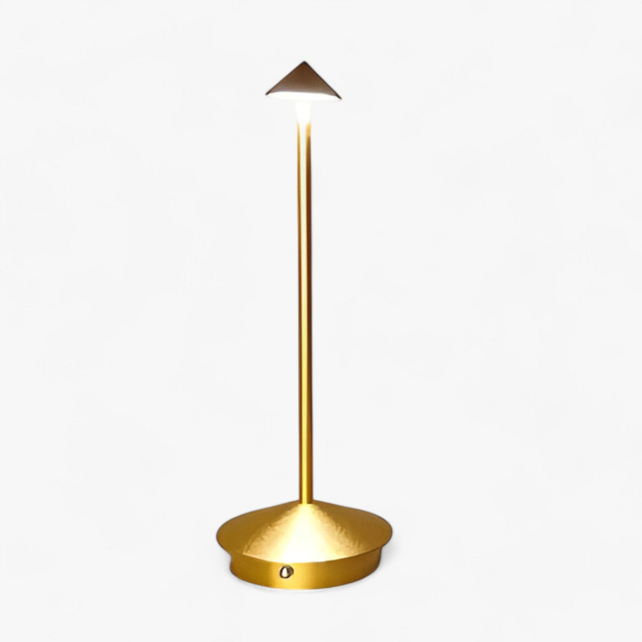 Lampe de table LED dorée moderne, design minimaliste, éclairage d'ambiance, abat-jour conique, idéale pour salon ou bureau, décoration intérieure élégante.