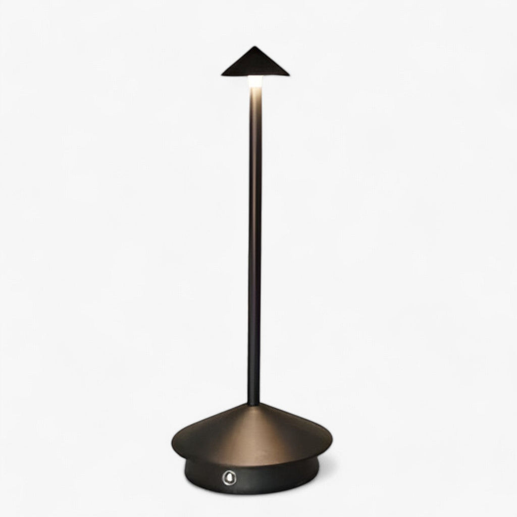 Lampe de table LED noire moderne, design minimaliste, éclairage d'ambiance, abat-jour conique, idéale pour bureau ou salon, style contemporain.