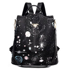 Sac à dos noir avec motif galaxie, étoiles et planètes, design moderne et élégant, idéal pour la mode urbaine et les amateurs d'astronomie.