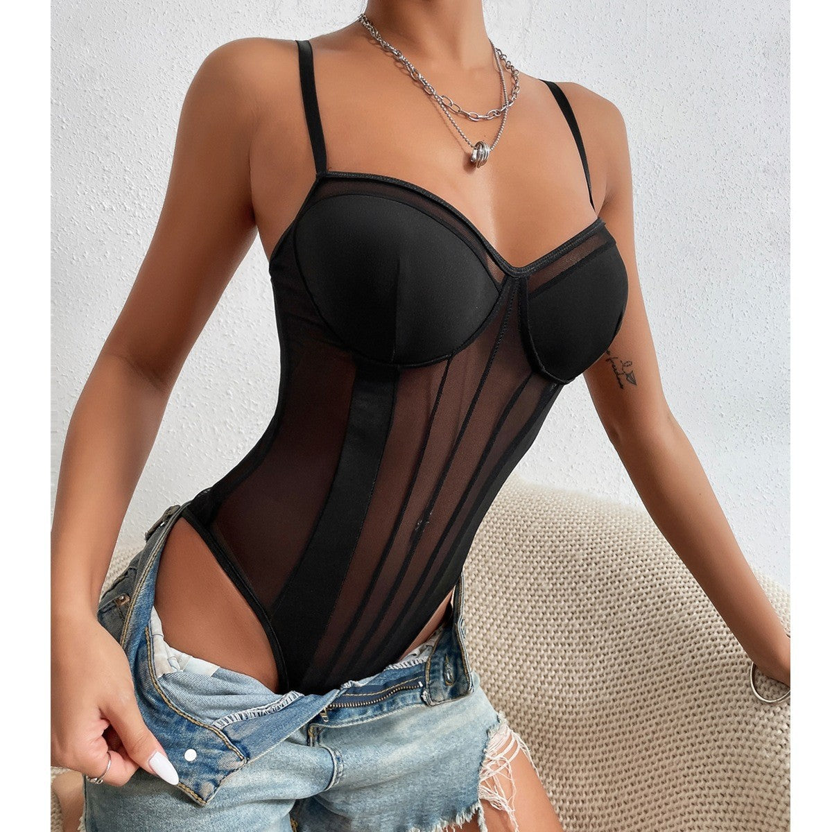 Bodys à fines bretelles maille transparent - Chic&Shines