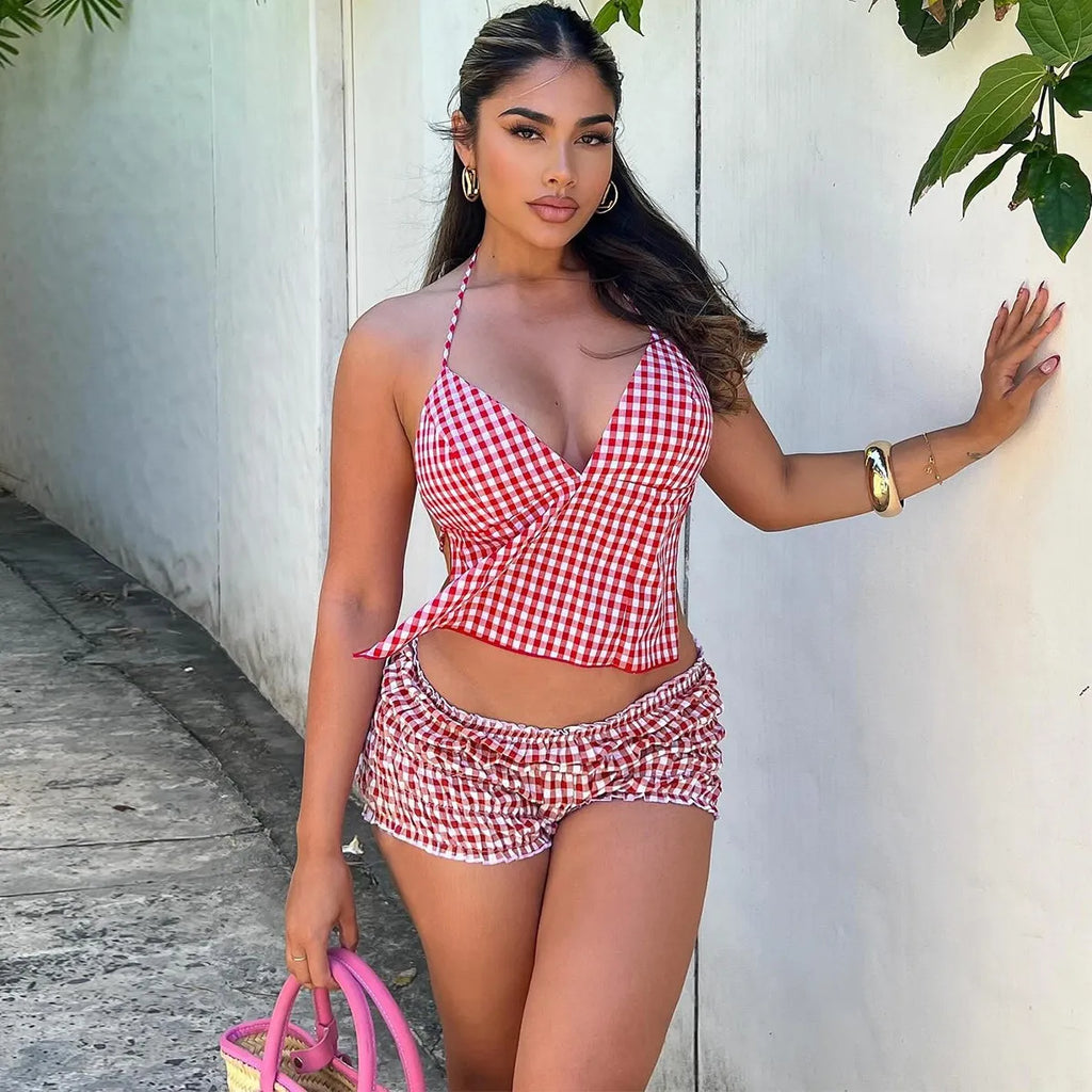 Ensemble haut col licou à lacets dos nu et short - Chic&Shines
