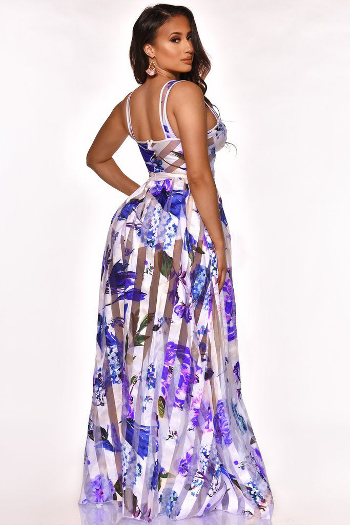 Robe longue à bretelle en maille transparente imprimé fleur