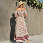 Robe longue à manches courtes taille haute imprimé florale