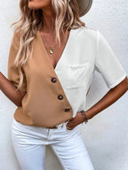 Chemisier bicolore col v à manches courtes - Chic&Shines