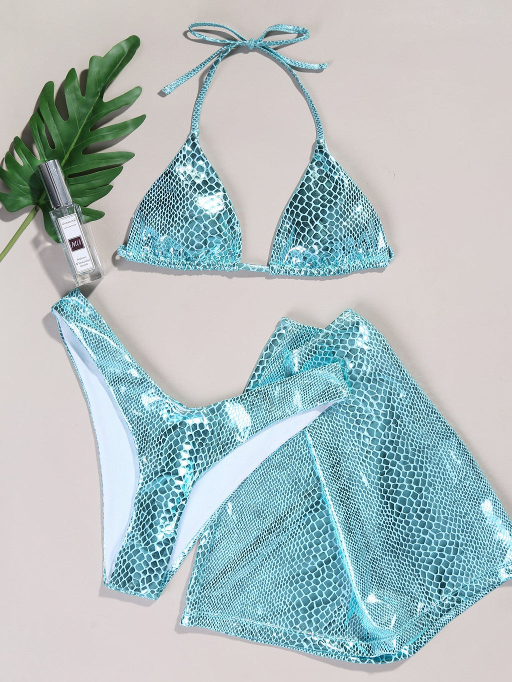 3-piece snake print bikini swimsuit