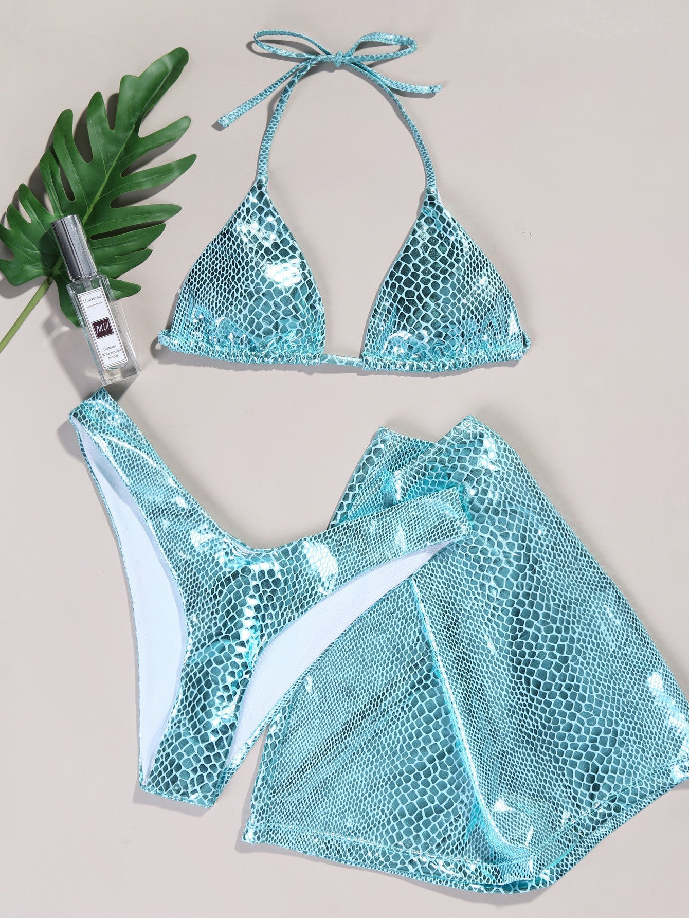 3-piece snake print bikini swimsuit