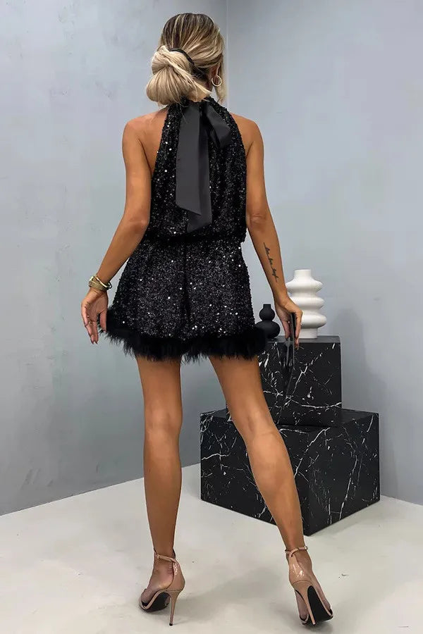 Robe Courte De Soirée En Plumes Et Paillette