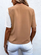 Two-tone V-neck short sleeve blouse