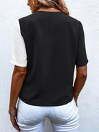 Two-tone V-neck short sleeve blouse