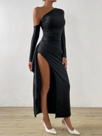 Long Split Sleeve Oblique Shoulder Dress