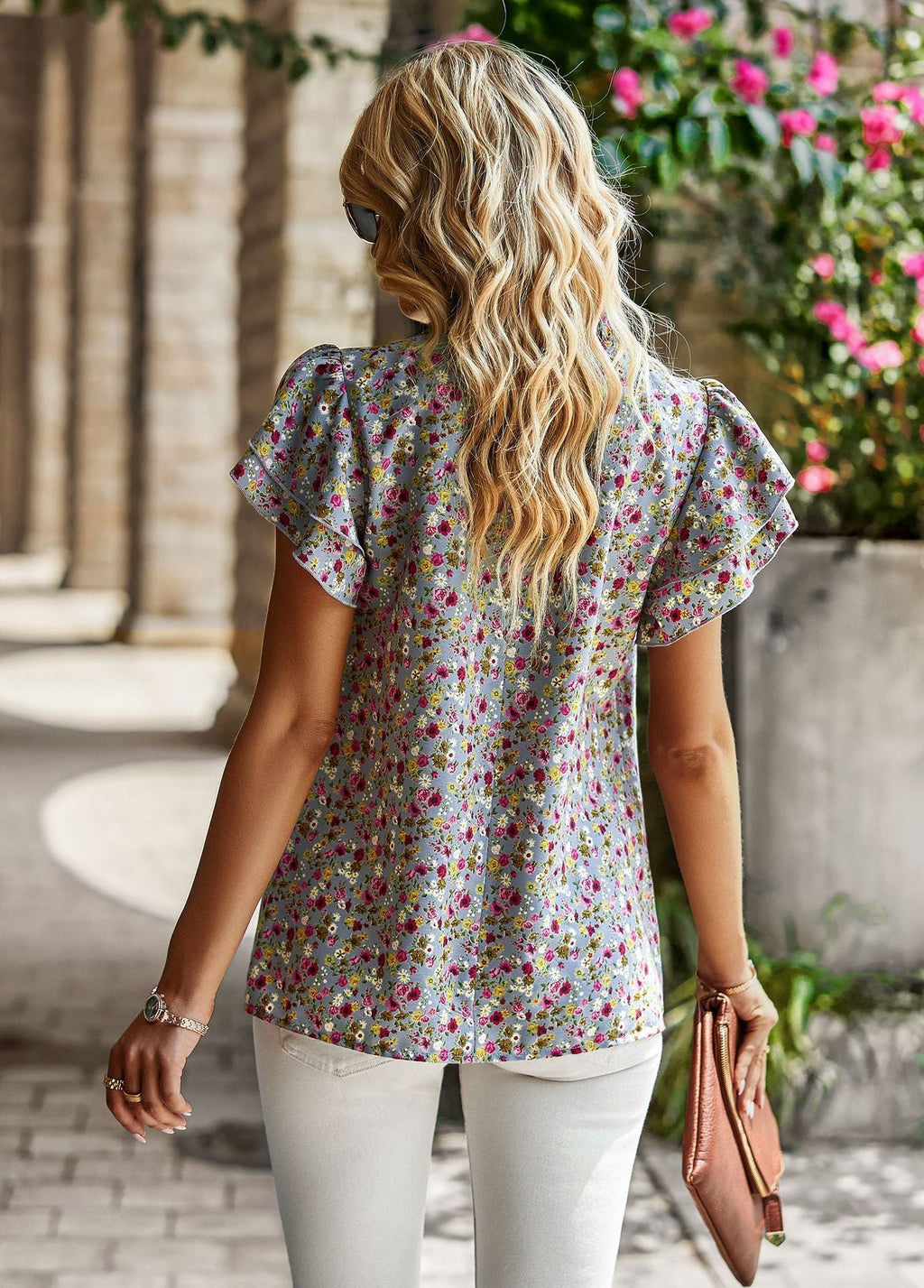Floral print short-sleeve ruffle blouse