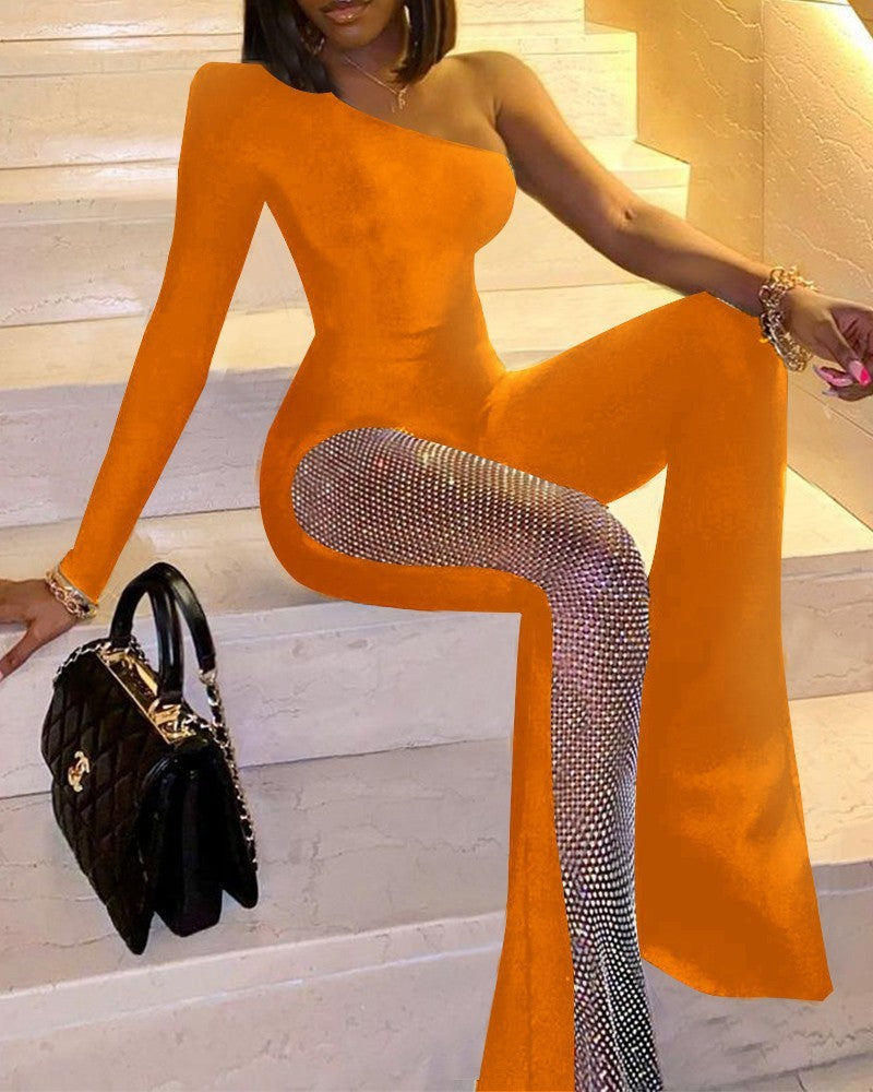 Combinaison pantalon à sequins une épaule manche longue - Chic&Shines