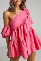 Robe Epaule Diagonale Manches Courtes Bouffantes - Chic&Shines