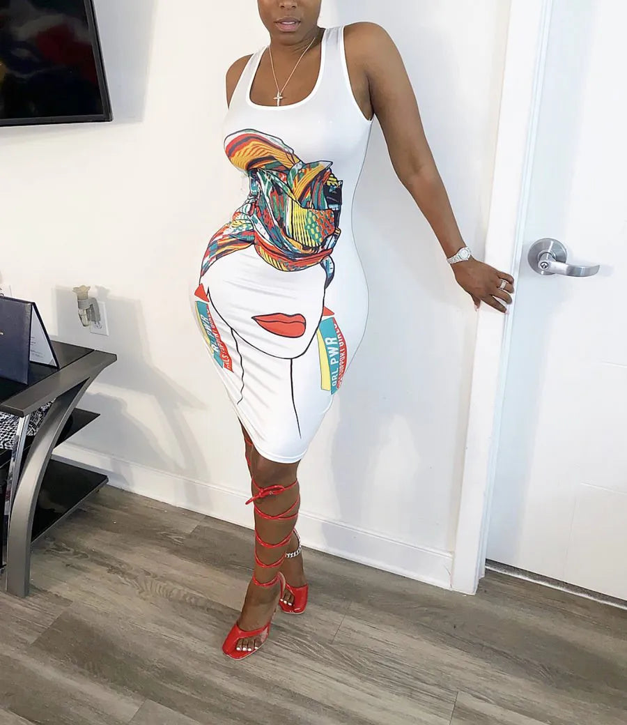 Robe courte moulante sans manches imprimé