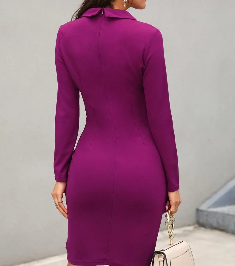 Robe Courte À Revers Élégante Manches Longues