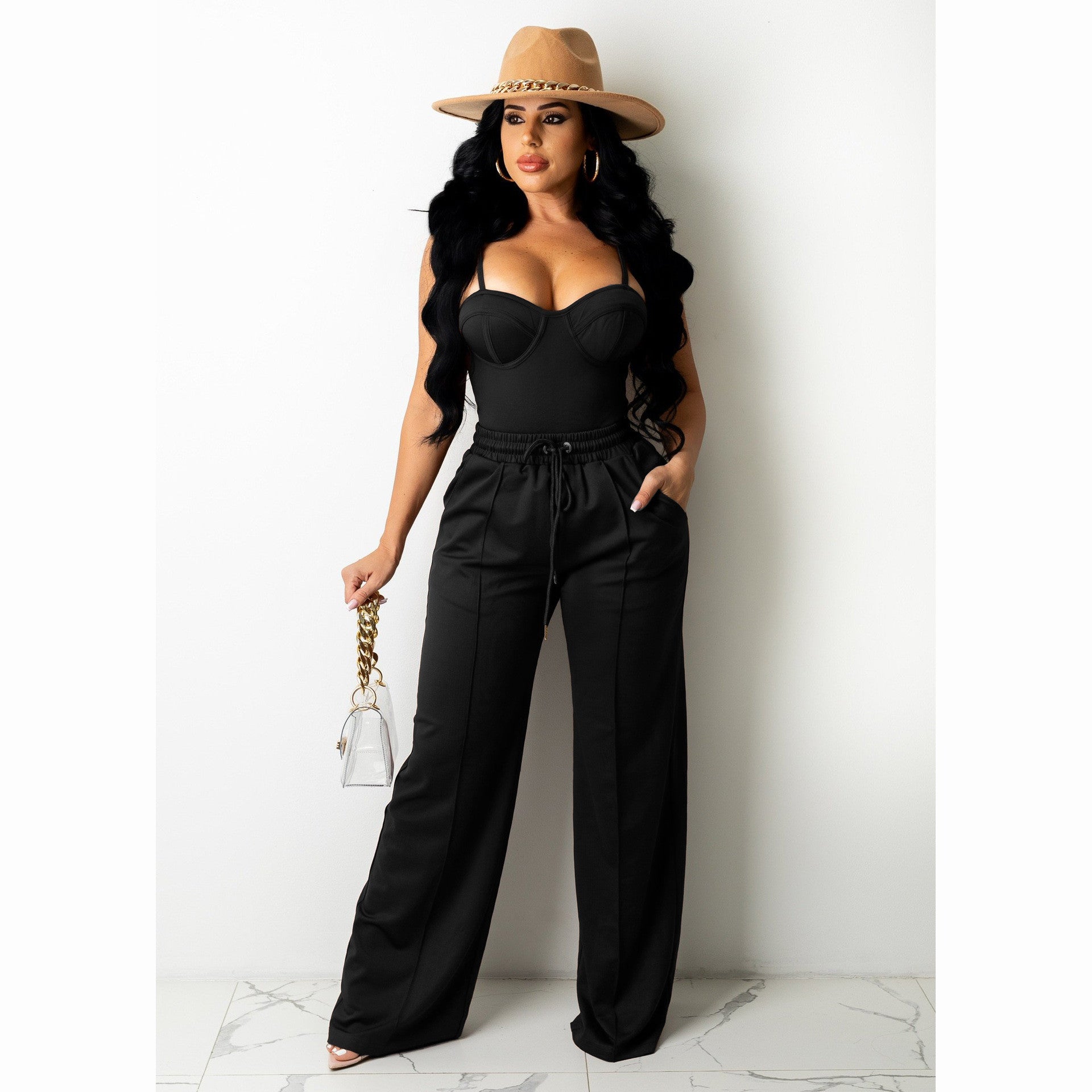 Ensemble haut à bretelle sans manches et pantalon large unie - Chic&Shines