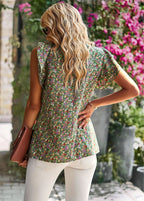 Floral print short-sleeve ruffle blouse