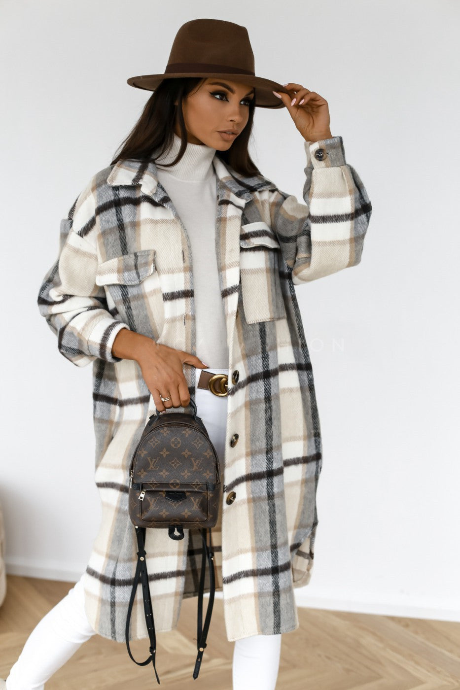 Manteau à carreaux hiver manches longues boutonné - Chic&Shines