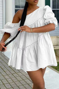 Robe Epaule Diagonale Manches Courtes Bouffantes - Chic&Shines
