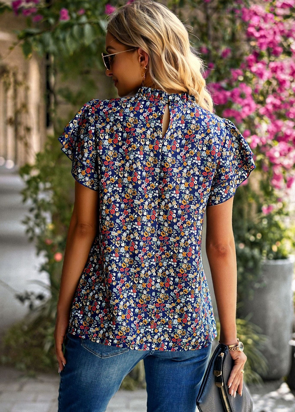 Floral print short-sleeve ruffle blouse