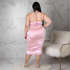 Robe mi-longue de soirée en satin licou dos nu
