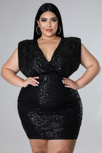 Robe courte de soirée pailleté noire col en V profond - Chic&Shines
