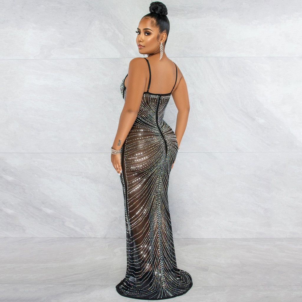 Robe longue col V fine bretelles en maille transparente de soirée nuptiale pailletées