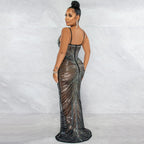 Robe longue col V fine bretelles en maille transparente de soirée nuptiale pailletées